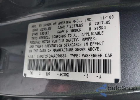 2010 Honda Accord 2.4 Lx from USA, damaged, VIN 1HGCP2F39AA059664